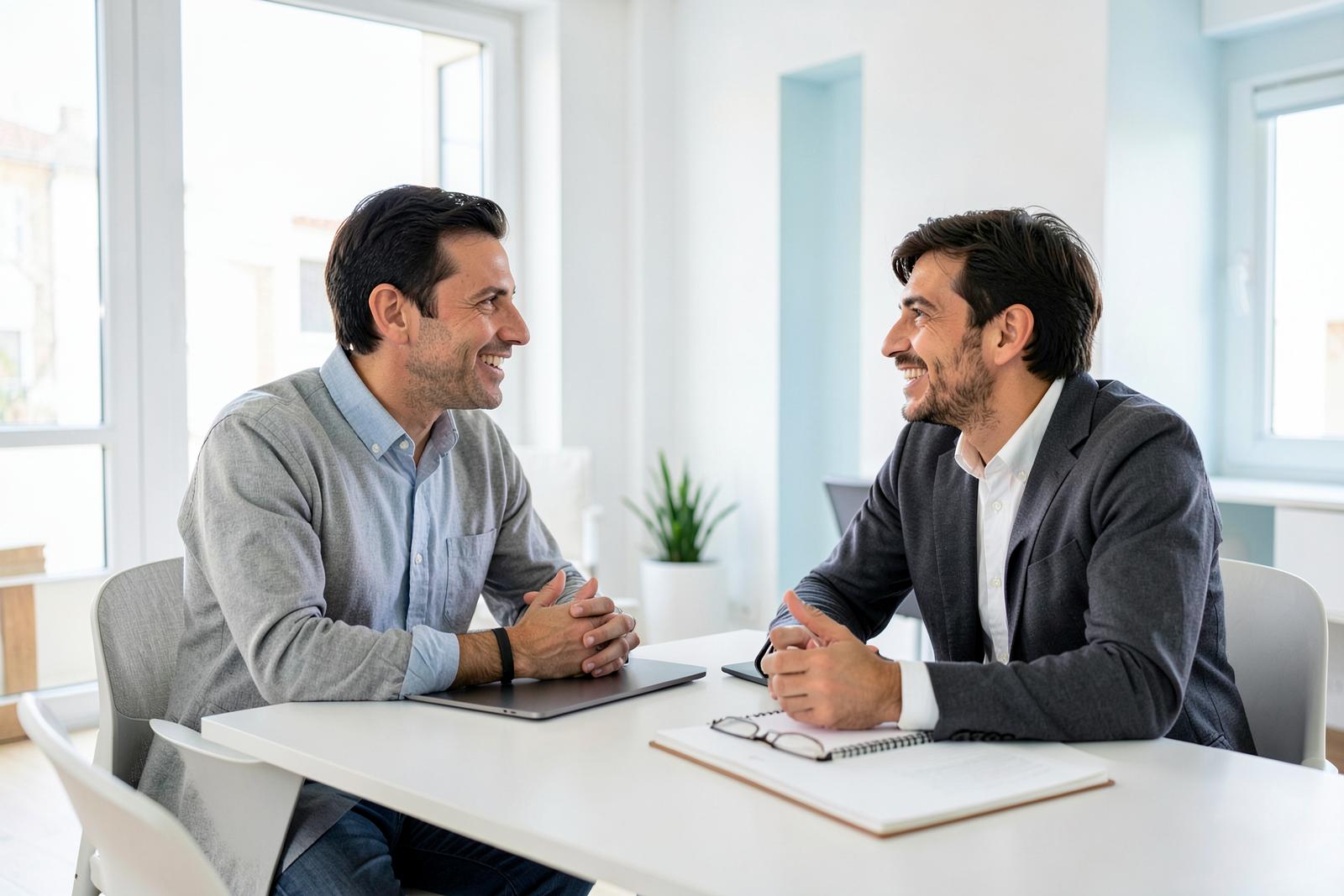 Conversa próxima entre consultor e empresário